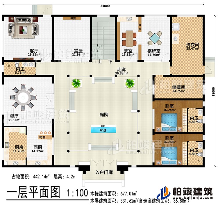 一层:入户门廊、水池、影壁、庭院、走廊、西厨、厨房、餐厅、吧台、客厅、堂屋、神龛、茶室、棋牌室、洗衣间、储藏间、2卧室、3内卫