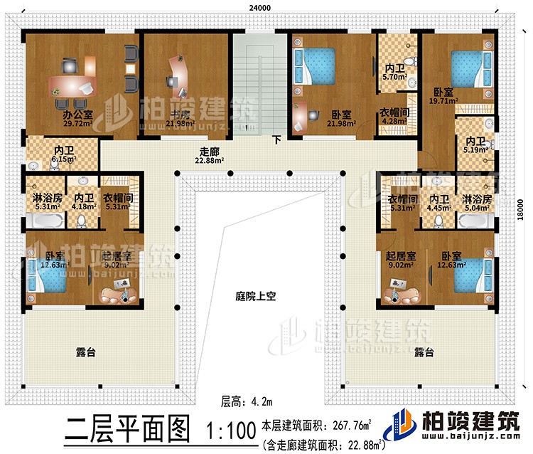 二层:办公室、书房、2起居室、3衣帽间、4卧室、2淋浴房、5内卫、走廊、2露台、庭院上空