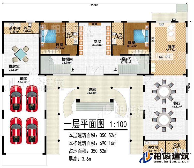 一层:过廊、堂屋、神龛、2楼梯间、厨房、餐厅、棋牌室、车库、茶水间、2公卫、洗衣房、2卧室、2内卫