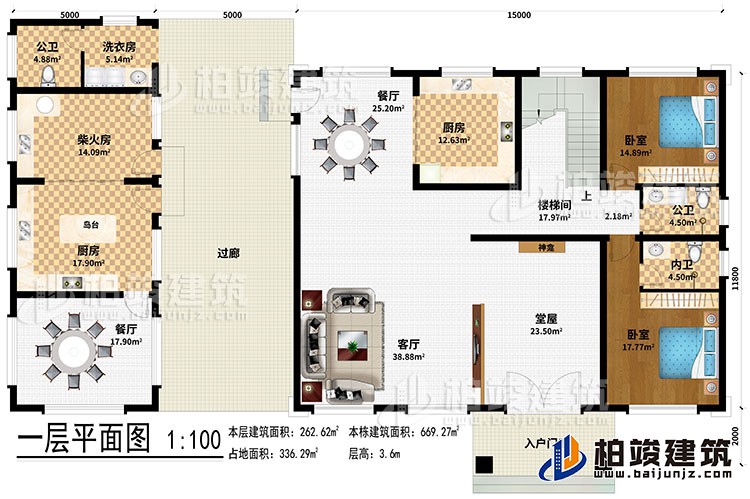 一层:入户门廊、堂屋、客厅、神龛、2餐厅、2厨房、柴火房、楼梯间、洗衣房、2卧室、2公卫、内卫、岛台、过廊