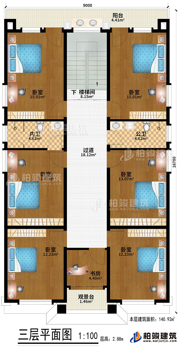三层:6卧室、过道、楼梯间、书房、观景台、公卫、内卫、阳台
