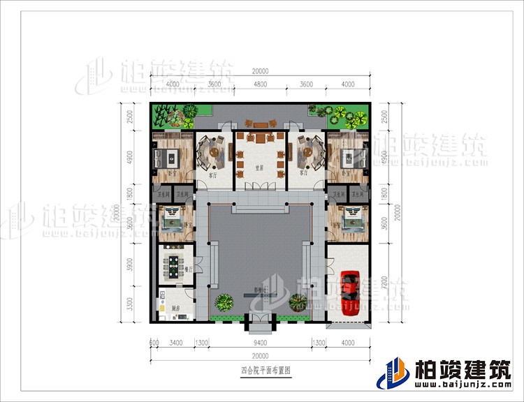 一层:影壁墙、车库、厨房、餐厅、4卧室、4内卫、2客厅、堂屋、后花园