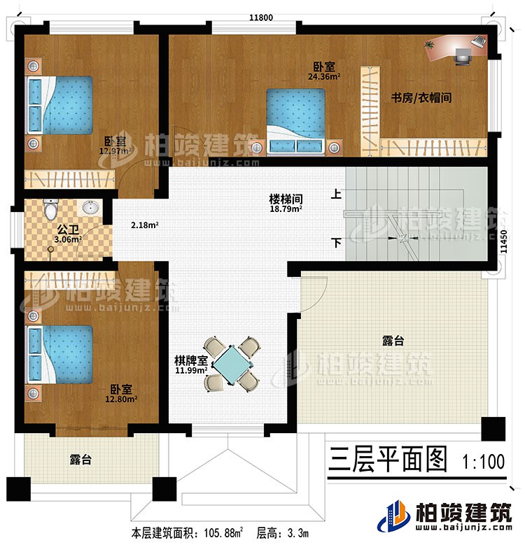 三层:棋牌室、楼梯间、3卧室、书房/衣帽间、公卫、2露台