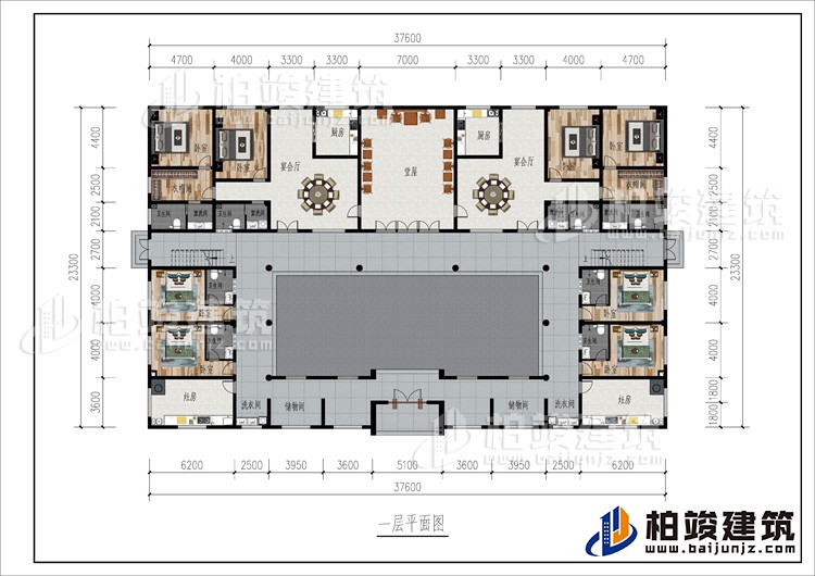 一层:2储物间、2洗衣间、2灶房、8卧室、2衣帽间、2公卫、6内卫、2厨房、2宴会厅、堂屋