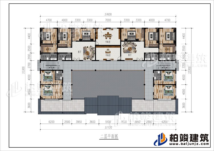 二层:2客厅、2书画室、公卫、10卧室、2衣帽间、4内卫、2露台