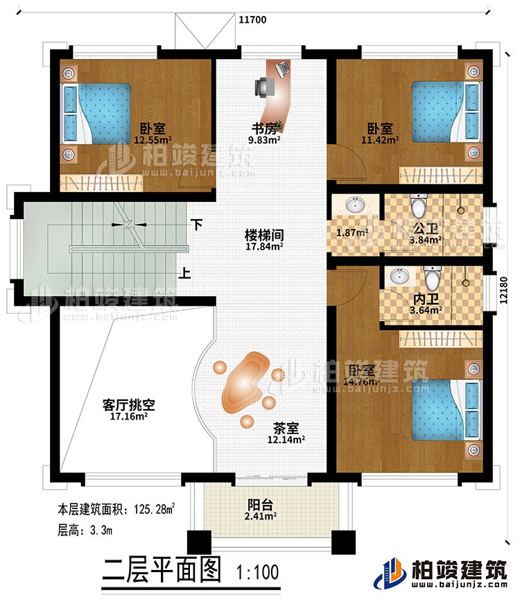 二层:楼梯间、书房、茶室、客厅挑空、3卧室、公卫、内卫、阳台