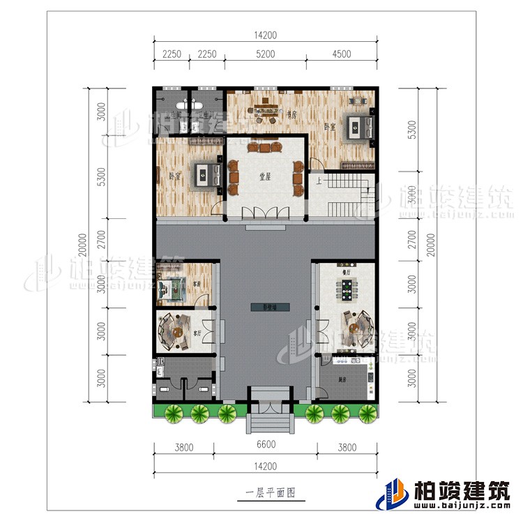 一层:厨房、2客厅、餐厅、公卫、3卧室、影壁墙、堂屋、书房、2内卫