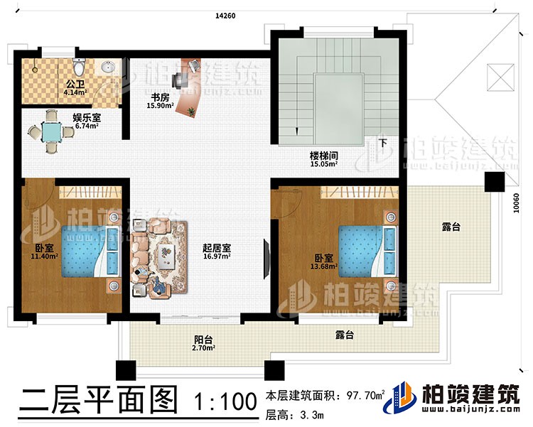 二层:起居室、书房、娱乐室、2卧室、楼梯间、公卫、阳台、2露台