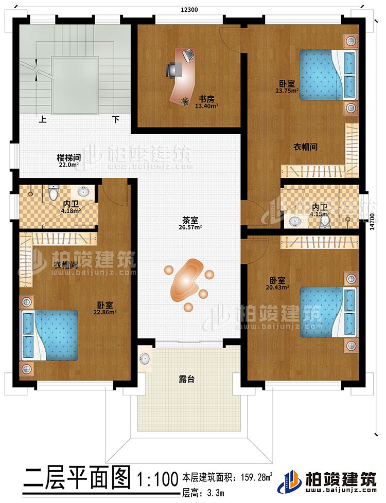 二层:3卧室、2衣帽间、2内卫、楼梯间、茶室、露台、书房