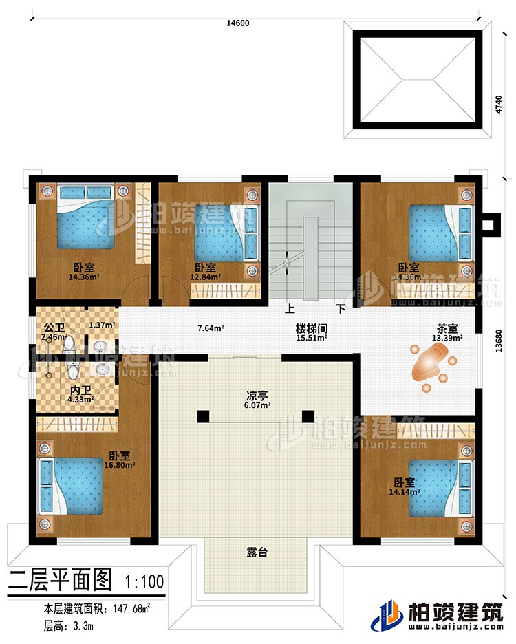 二层:楼梯间、茶室、凉亭、5卧室、公卫、内卫、露台