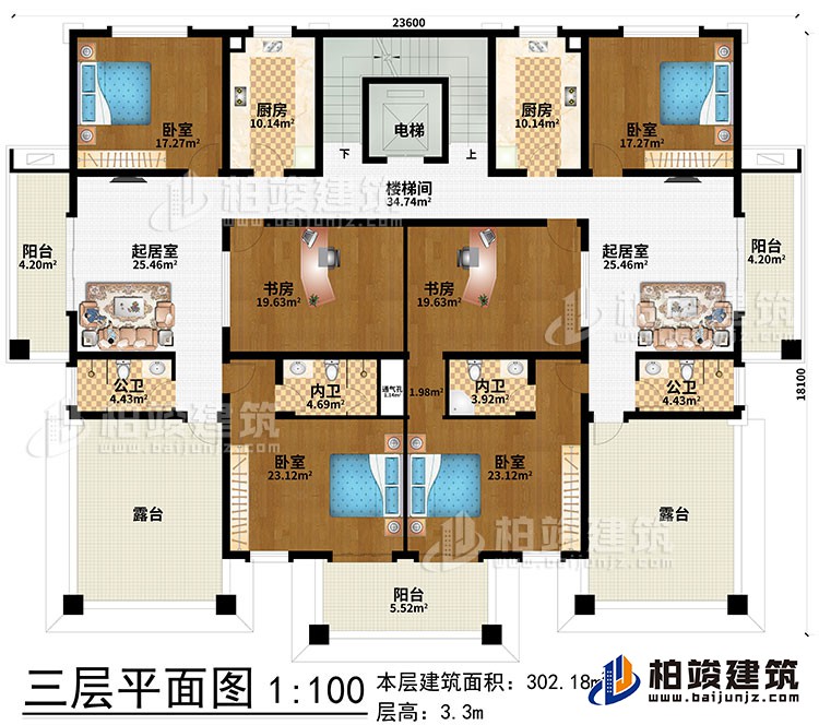 三层:2起居室、2公卫、2内卫、楼梯间、电梯、2厨房、2书房、4卧室、3阳台、2露台、通气孔