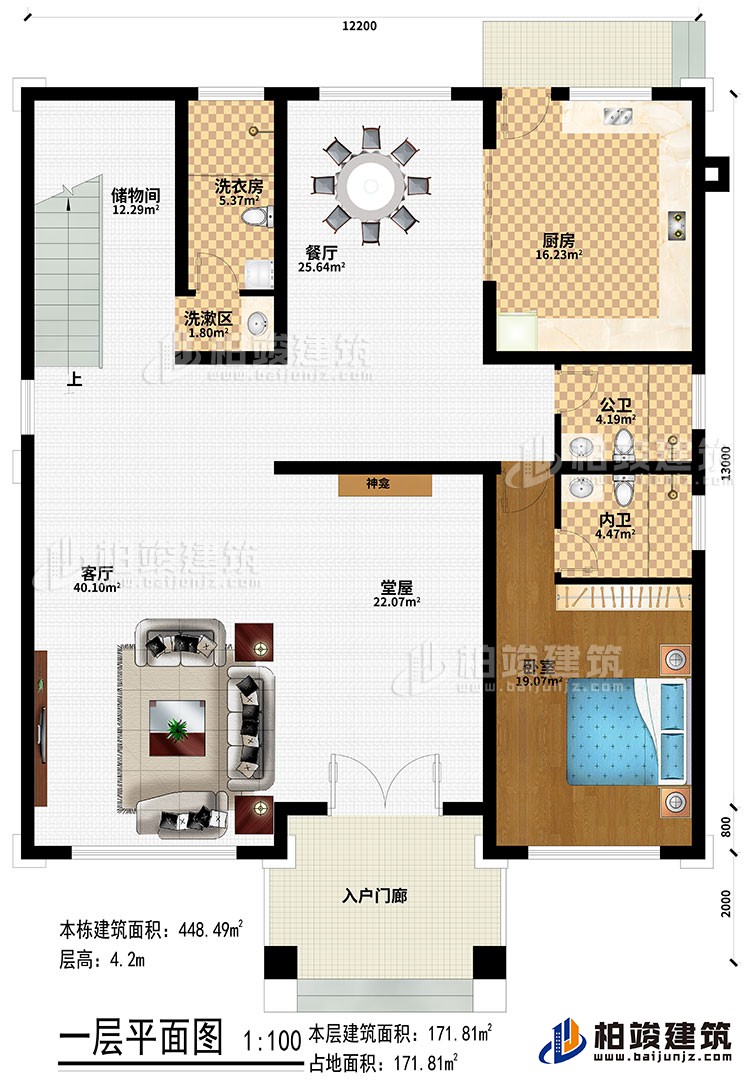 一层:入户门廊、堂屋、神龛、客厅、餐厅、厨房、卧室、公卫、内卫、洗漱区、洗衣房、储物间