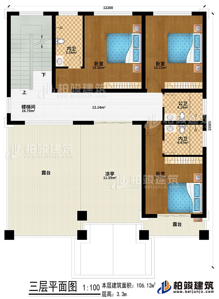 三层:楼梯间、3卧室、2内卫、公卫、凉亭、2露台