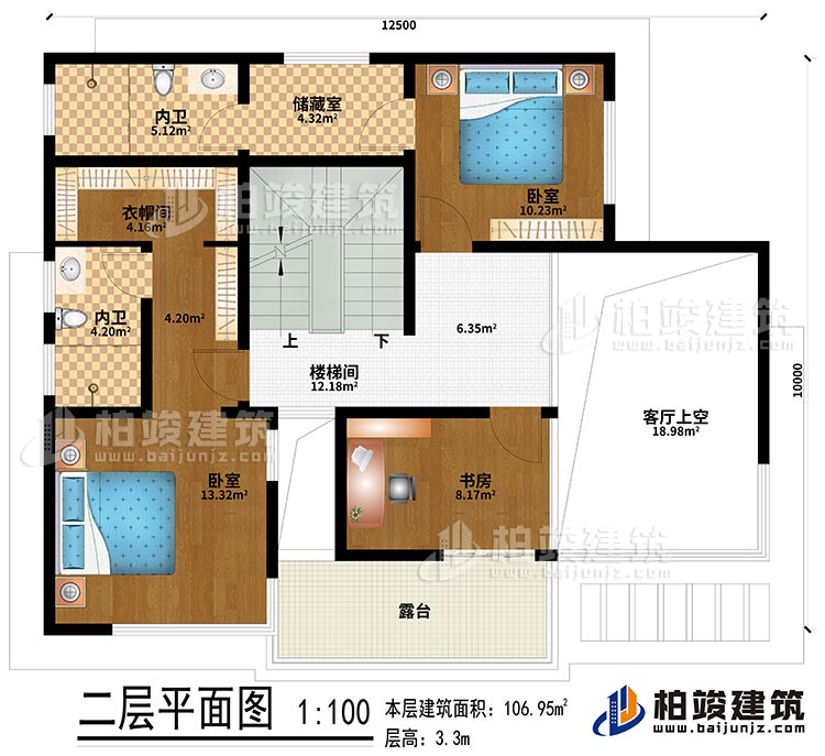 二层:客厅上空、楼梯间、储藏室、2卧室、书房、2内卫、衣帽间、露台