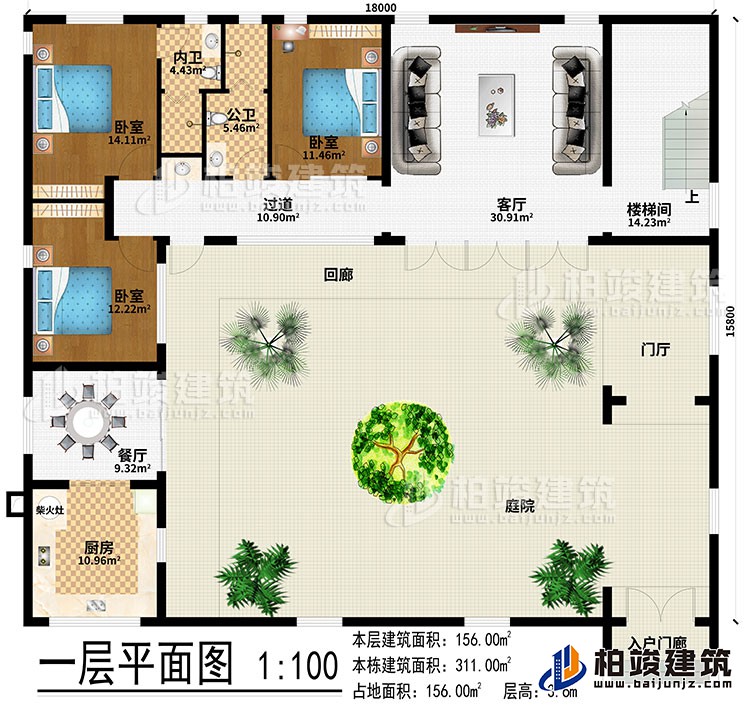 一层:入户门廊、庭院、门厅、回廊、客厅、餐厅、厨房、柴火灶、楼梯间、过道、3卧室、公卫、内卫