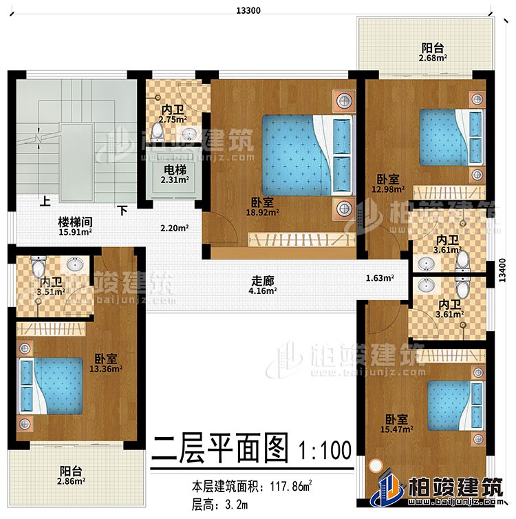 二层:走廊、4卧室、4内卫、2阳台、楼梯间、电梯