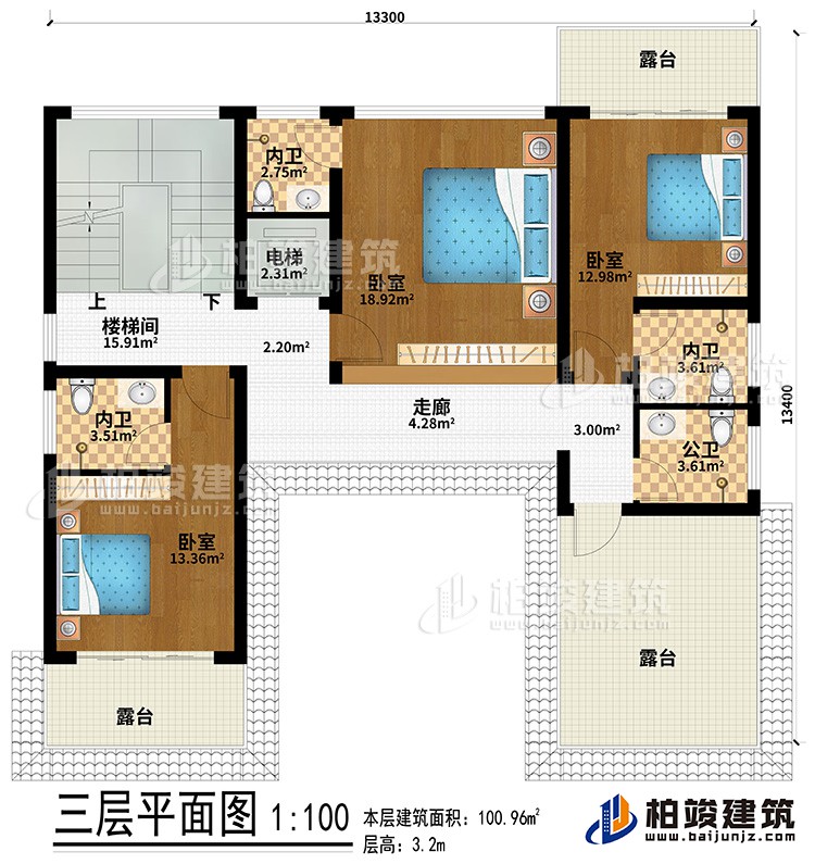 三层:走廊、3卧室、3内卫、3露台、楼梯间、电梯、公卫