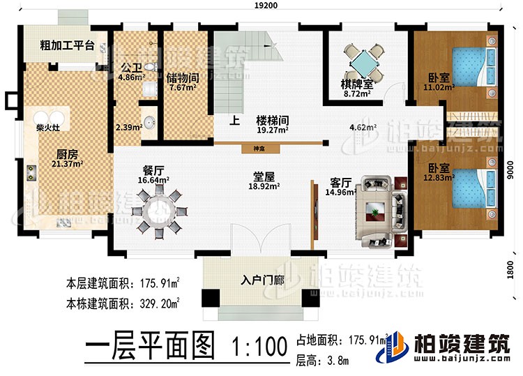一层:入户门廊、堂屋、神龛、客厅、餐厅、厨房、柴火灶、粗加工平台、储物间、楼梯间、棋牌室、2卧室、公卫