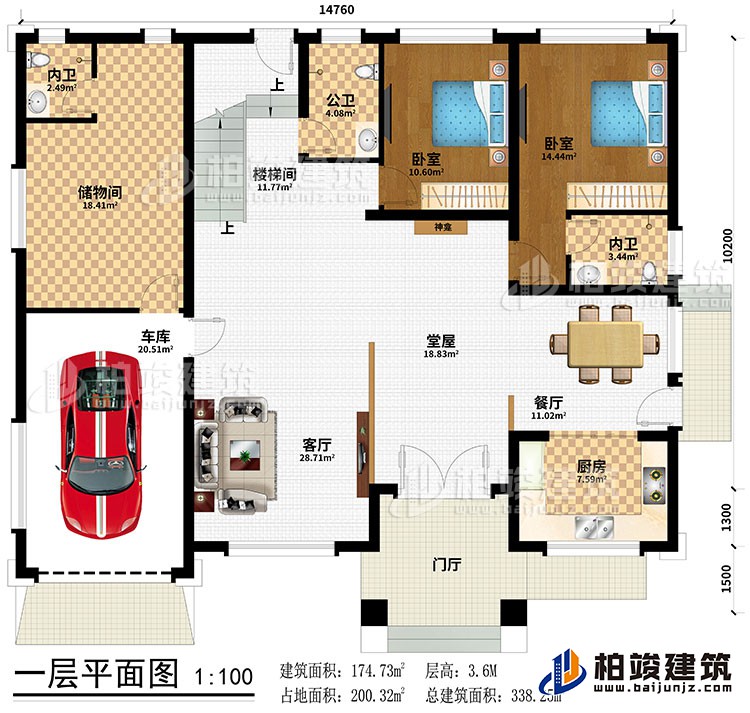 一层:门厅、堂屋、神龛、餐厅、厨房、客厅、储物间、2卧室、公卫、2内卫、车库、楼梯间