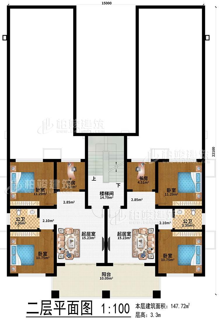 二层:2起居室、2书房、4卧室、2公卫、楼梯间、阳台