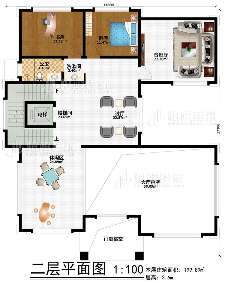 二层:过厅、楼梯间、休闲区、大厅挑空、门廊挑空、电梯、洗漱间、书房、卧室、音影厅、公卫