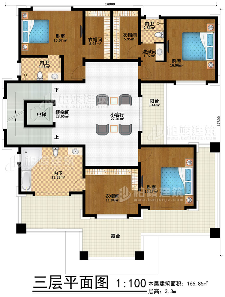 三层:小客厅、楼梯间、电梯、3卧室、3衣帽间、3内卫、阳台、露台