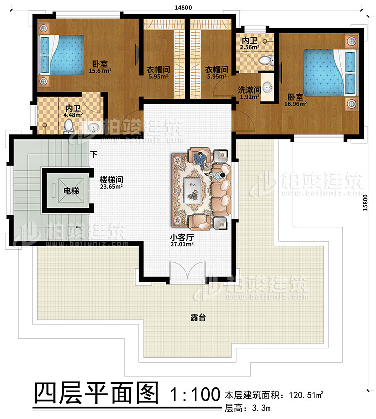 四层:2卧室、2衣帽间、2内卫、楼梯间、电梯、小客厅、露台