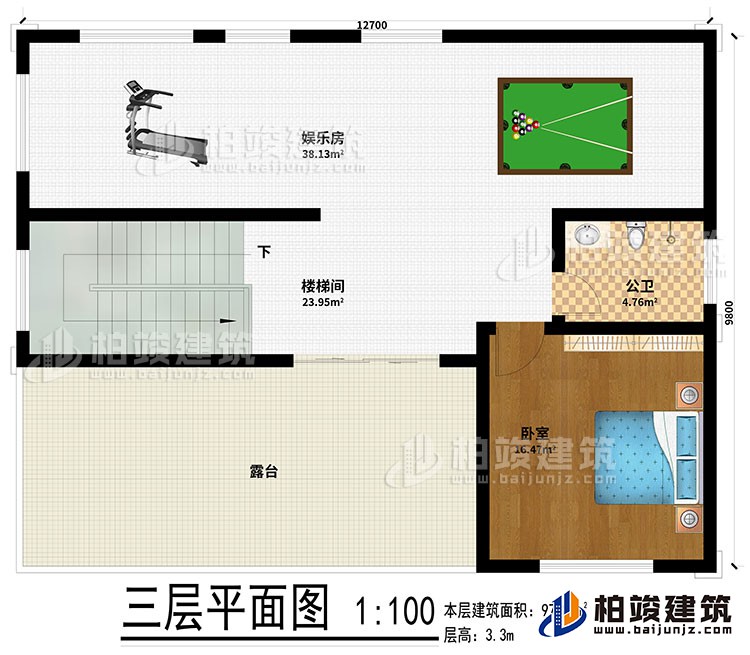 三层:娱乐室、楼梯间、公卫、卧室、露台