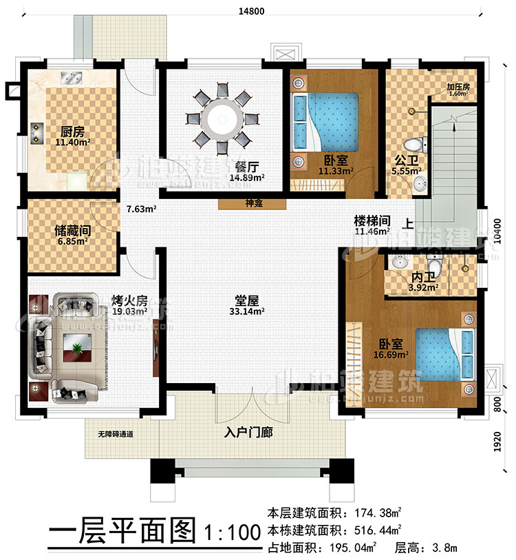 一层:入户门廊、无障碍通道、厨房、餐厅、储藏间、烤火房、公卫、加压房、楼梯间、2卧室、内卫