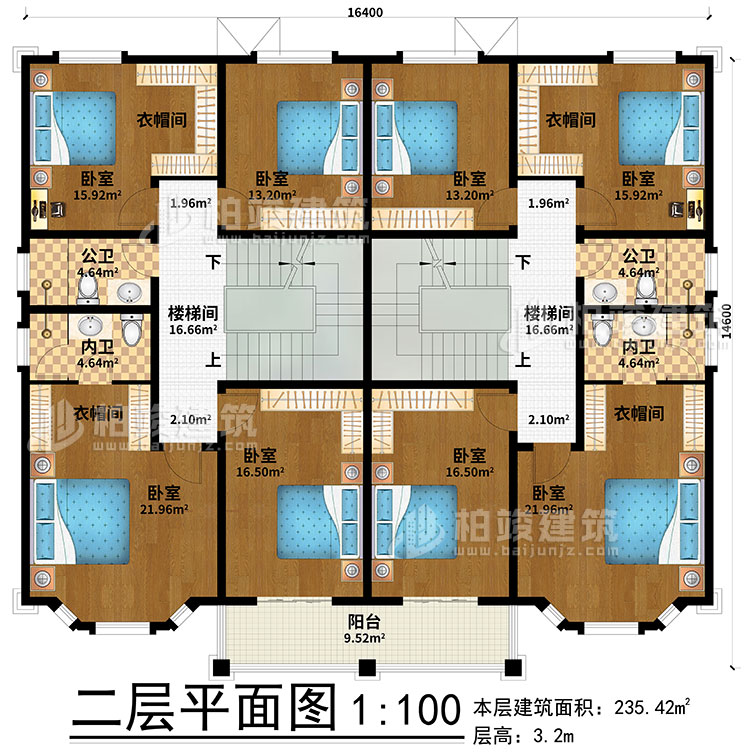二层:2楼梯间、8卧室、4衣帽间、2公卫、2内卫、阳台