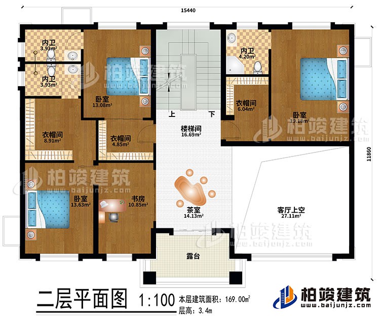 二层:茶室、楼梯间、客厅上空、3卧室、3衣帽间、书房、3内卫、露台