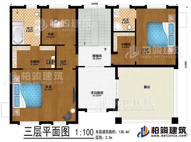 三层:2卧室、2衣帽间、过厅、书房、2内卫、多功能房、楼梯间、露台