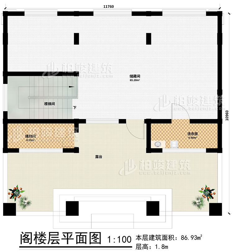 阁楼:2储物间、楼梯间、洗衣房、露台