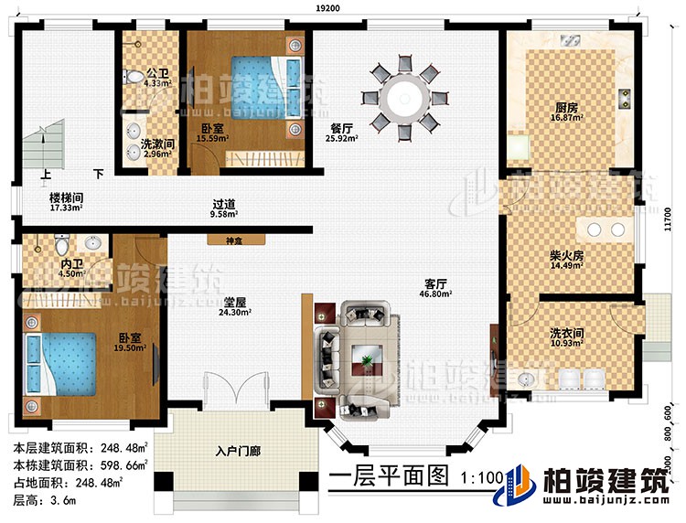 一层:入户门廊、堂屋、神龛、客厅、餐厅、厨房、柴火房、2卧室、洗漱间、洗衣间、公卫、内卫、过道、楼梯间