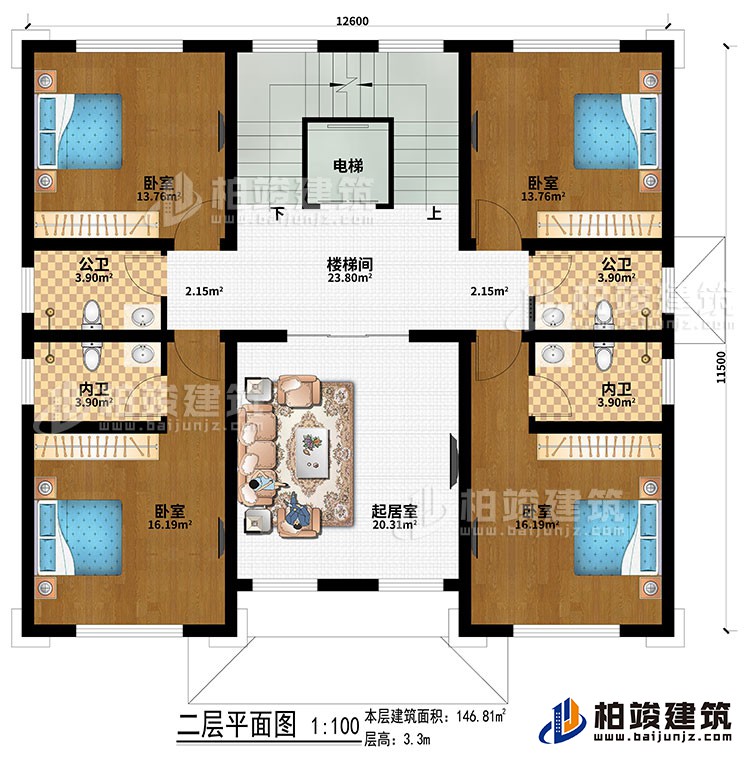 二层:楼梯间、电梯、起居室、4卧室、2公卫、2内卫