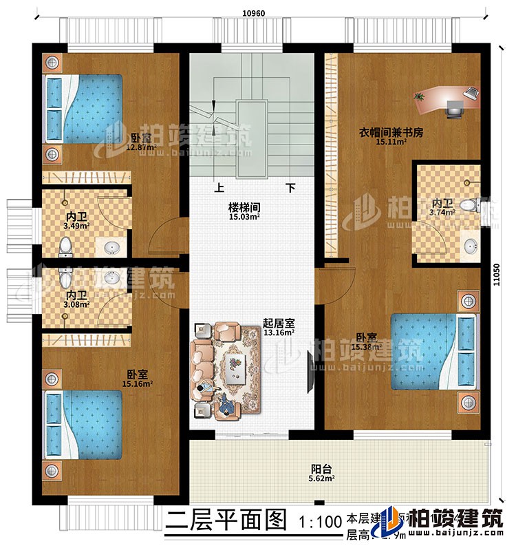 二层:起居室、楼梯间、3卧室、3内卫、衣帽间兼书房、阳台