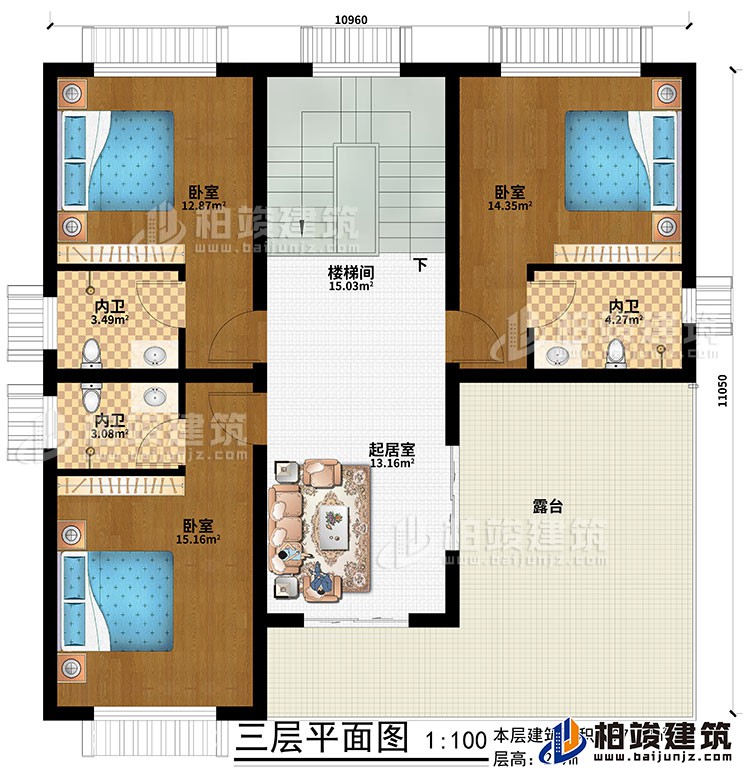 三层:起居室、楼梯间、3卧室、3内卫、露台