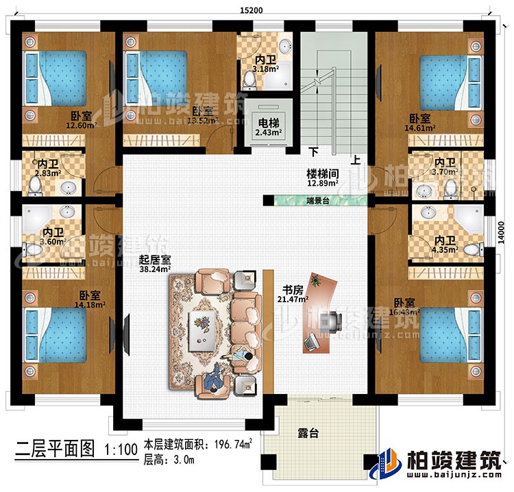 二层:楼梯间、端景台、起居室、书房、5卧室、电梯、5内卫、露台