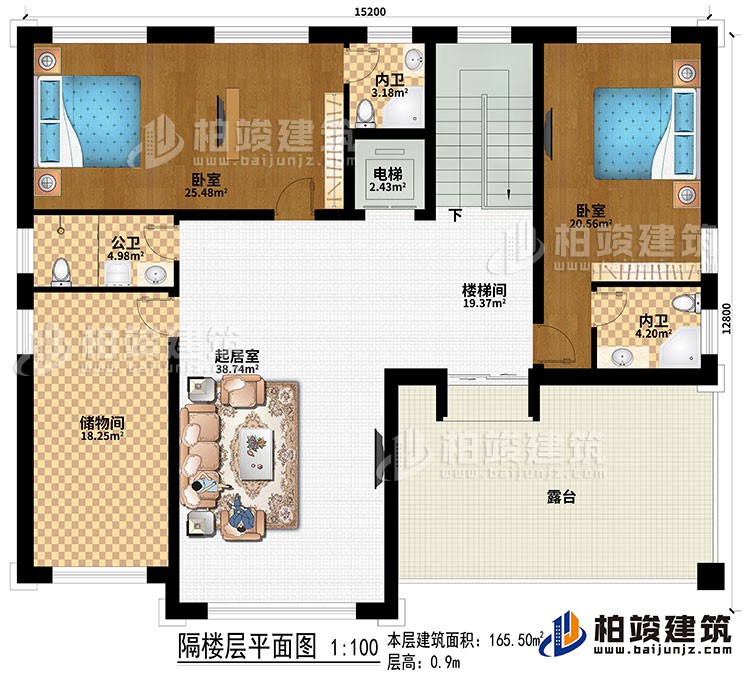 阁楼:2卧室、电梯、楼梯间、起居室、储物间、公卫、2内卫、露台