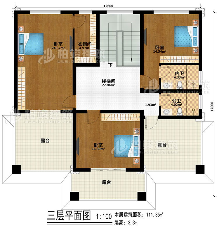 三层:楼梯间、3卧室、公卫、内卫、3露台、衣帽间