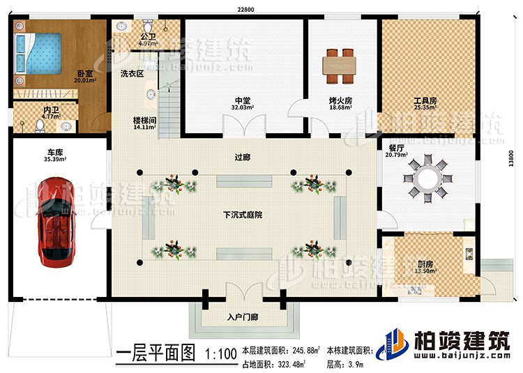 一层:入户门廊、下沉式庭院、楼梯间、洗衣区、中堂、烤火房、工具房、餐厅、厨房、车库、卧室、内卫、过廊