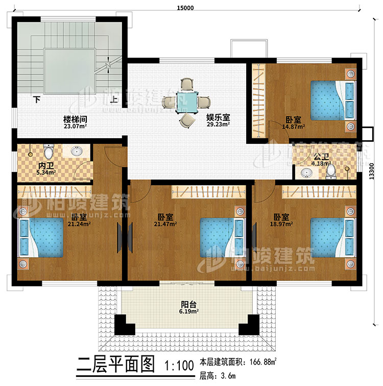 二层:楼梯间、娱乐室、4卧室、公卫、内卫、阳台