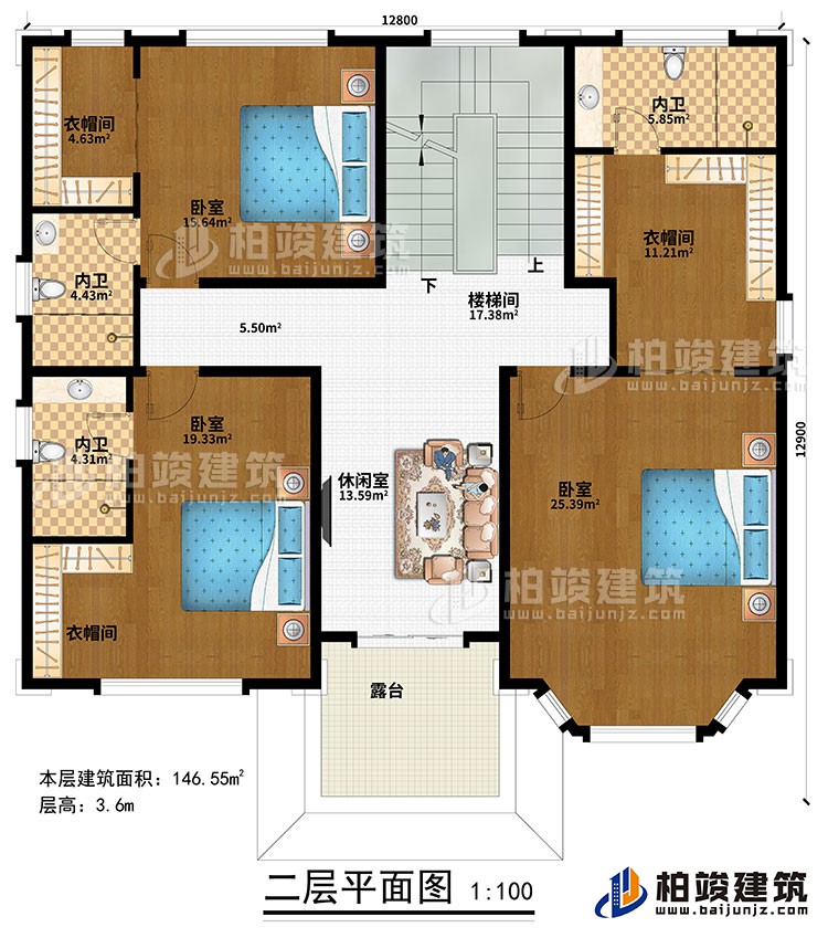 二层:楼梯间、休闲室、3卧室、3衣帽间、3内卫、露台