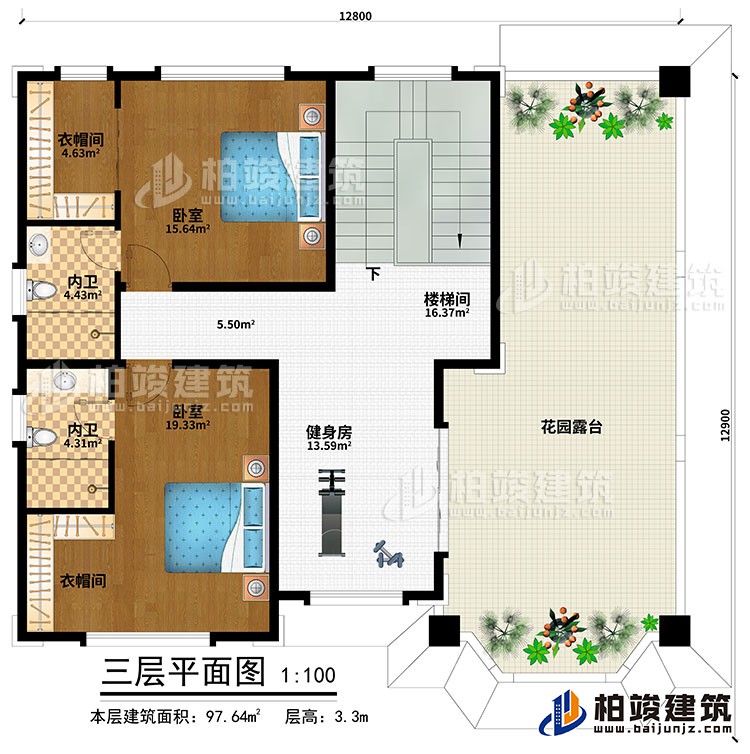 三层:健身房、楼梯间、2卧室、2衣帽间、2内卫、花园露台