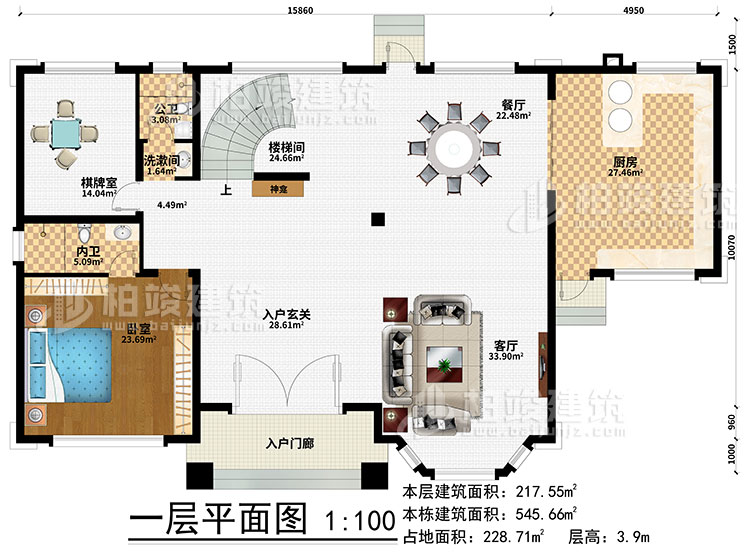 一层:楼梯间、3卧室、衣帽间、公卫、内卫、阳光房、凉亭、2露台
