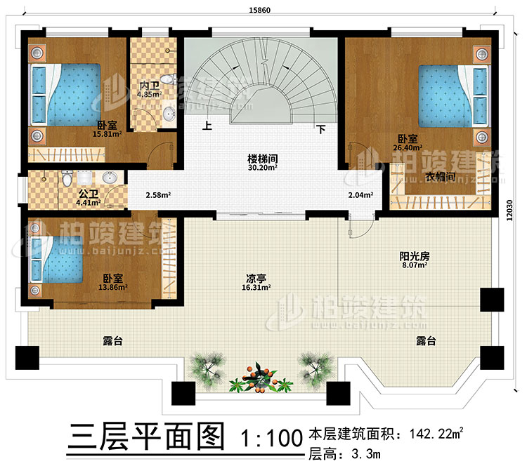 三层:楼梯间、3卧室、衣帽间、公卫、内卫、阳光房、凉亭、2露台