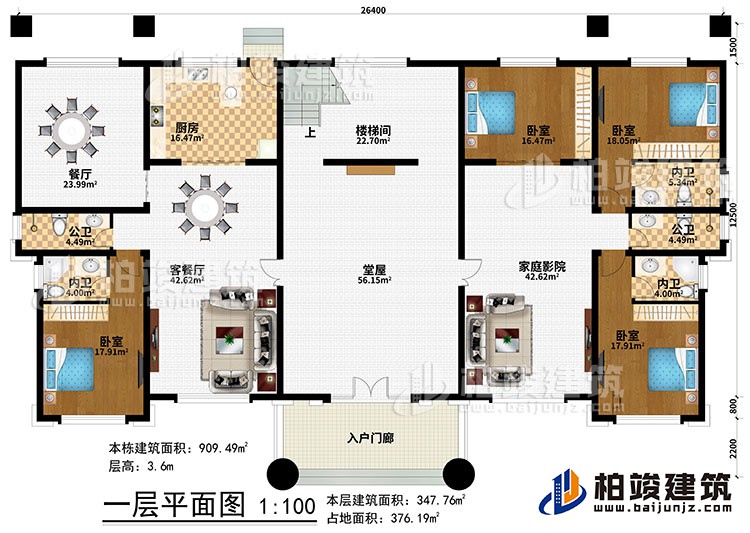 一层:入户门廊、堂屋、客餐厅、餐厅、厨房、楼梯间、4卧室、2公卫、3内卫、家庭影院