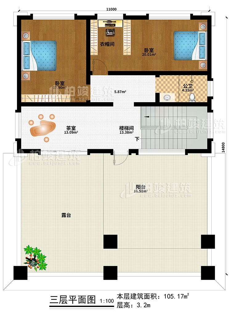 三层:2卧室、衣帽间、楼梯间、茶室、公卫、阳台、露台