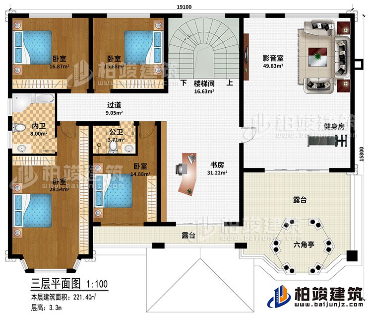 三层:楼梯间、书房、过道、4卧室、公卫、内卫、影音室、健身房、2露台、六角亭
