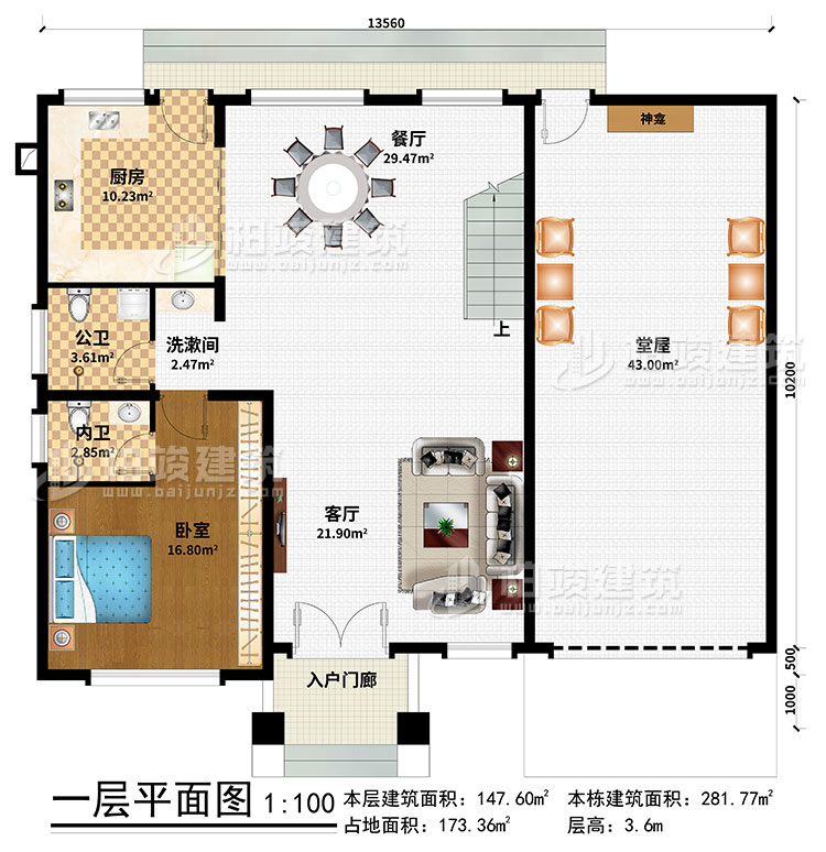 一层:入户门廊、堂屋、神龛、餐厅、厨房、卧室、洗漱间、公卫、内卫